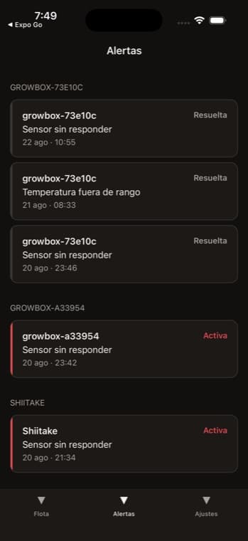 Pantalla de alertas de la app, con las alarmas agrupadas por cápsula y marcadas como activas o resueltas