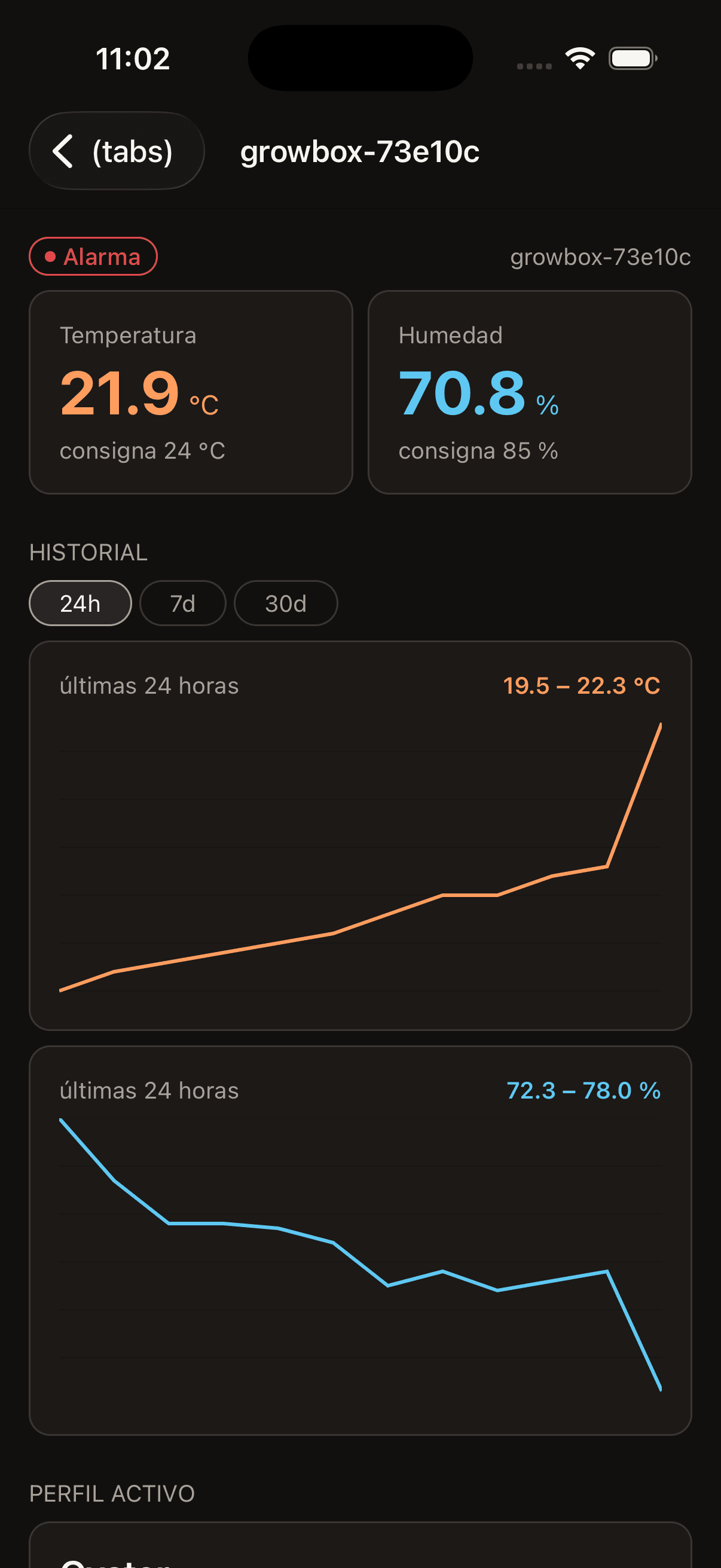 Ficha de una cápsula en la app, con temperatura, humedad, sus consignas y las gráficas históricas