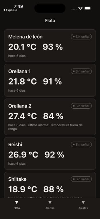 Lista de cápsulas en la app, cada una con su temperatura, humedad y estado