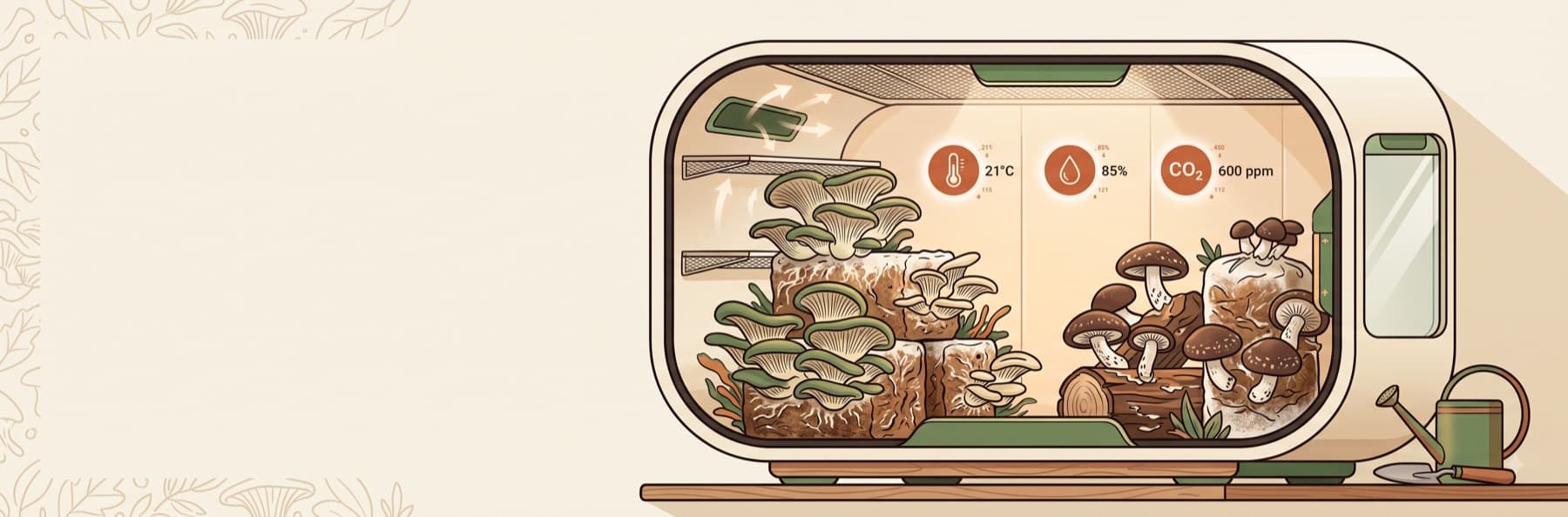 Ilustración de una cápsula de cultivo con hongos ostra y lecturas de temperatura, humedad y CO2