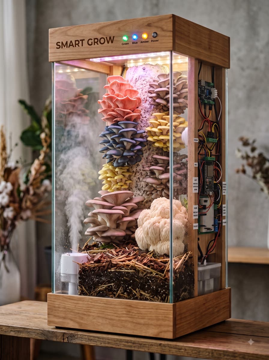 Concepto de vitrina de cultivo en madera y vidrio con hongos ostra de varios colores y electrónica visible