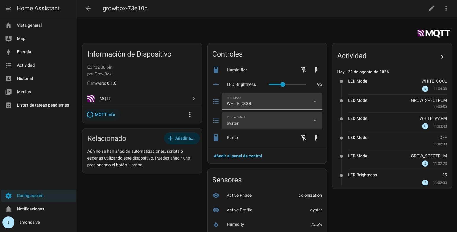 Ficha de la cápsula growbox-73e10c en Home Assistant con información del dispositivo, controles y registro de actividad
